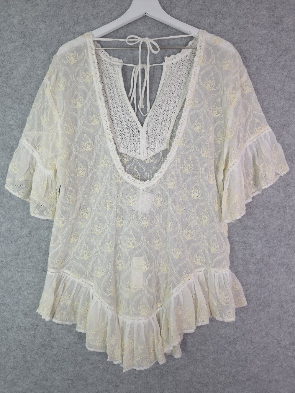 By Anthropologie The Deco Flutter Sleeve Sheer Open Back Tunic Top - Cream - Picture 5 of 12